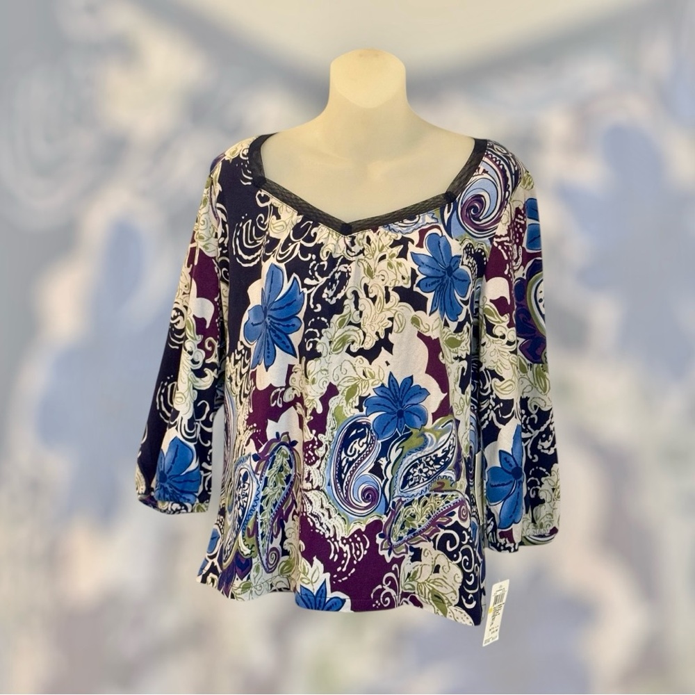 Caribbean Joe NWT Military Blue M Shirt Sheer Trim Floral Paisley V Neck Cotton